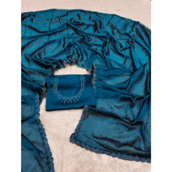 Women's Georgette Satin Silk Saree With Unstitched Blouse 5.5Mtr (Blue)