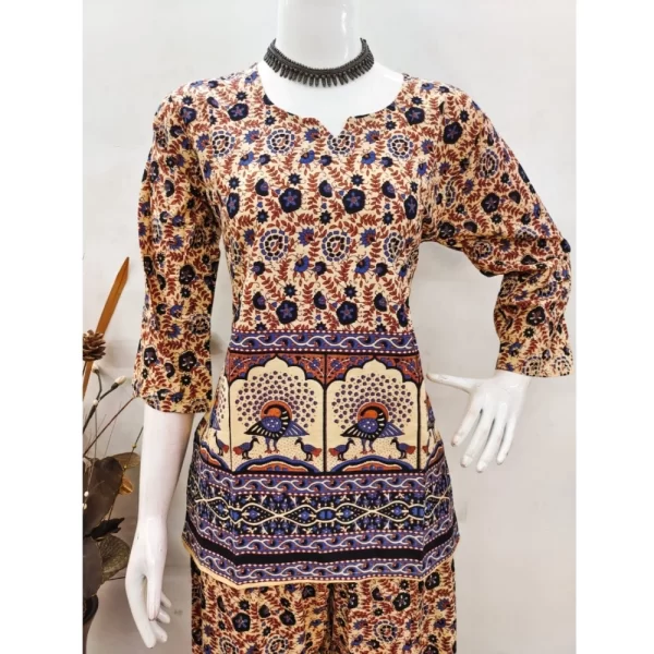 Women's Cotton Jaipuri Printed 3-4th Sleeve Co ord Set (Multicolor)