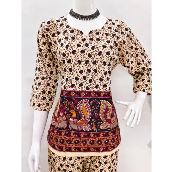 Women's Cotton Jaipuri Printed 3-4th Sleeve Co ord Set (Multicolor)