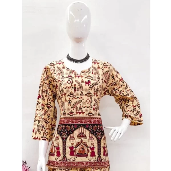Women's Cotton Jaipuri Printed 3-4th Sleeve Co ord Set (Multicolor)