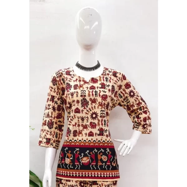 Women's Cotton Jaipuri Printed 3-4th Sleeve Co ord Set (Multicolor)