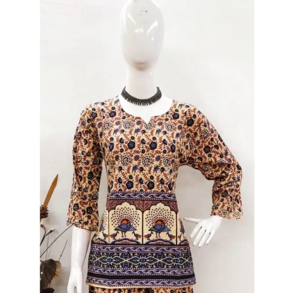 Women's Cotton Jaipuri Printed 3-4th Sleeve Co ord Set (Multicolor)