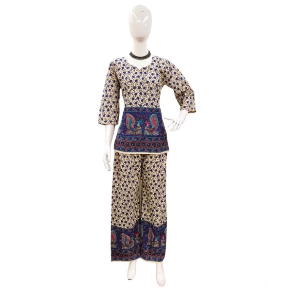 Women's Cotton Jaipuri Printed 3-4th Sleeve Co ord Set (Multicolor)
