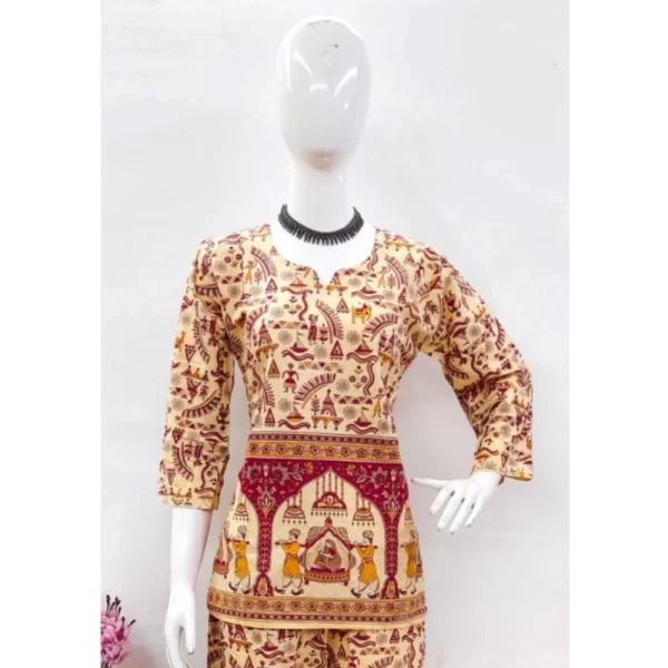 Women's Cotton Jaipuri Printed 3-4th Sleeve Co ord Set (Multicolor)
