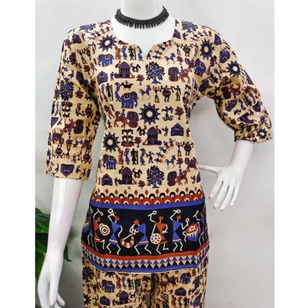 Women's Cotton Jaipuri Printed 3-4th Sleeve Co ord Set (Multicolor)