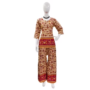Generic Women’s Cotton Jaipuri Printed 3-4th Sleeve Co ord Set (Multicolor)
