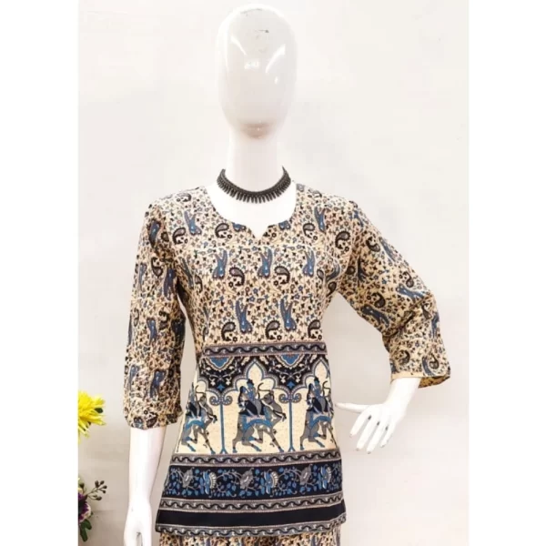 Women's Cotton Jaipuri Printed 3-4th Sleeve Co ord Set (Multicolor)