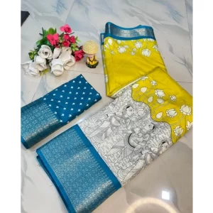 Women’s Dola Silk Printed Saree With Unstitched Blouse 5.5Mtr (Yellow )