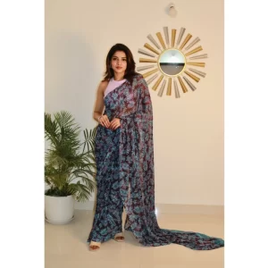 Women’s Georgette Printed Saree With Unstitched Blouse 5.5Mtr (Light Blue )