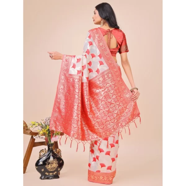 Women's Linen Cotton Printed Saree With Unstitched Blouse 5.5Mtr (Red)