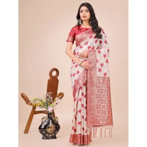 Women’s Linen Cotton Printed Saree With Unstitched Blouse 5.5Mtr (Red)