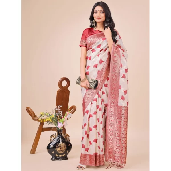 Women's Linen Cotton Printed Saree With Unstitched Blouse 5.5Mtr (Maroon)