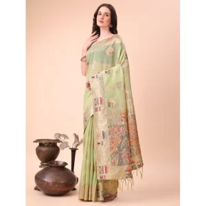 Women’s Linen Cotton Printed Saree With Unstitched Blouse 5.5Mtr (Light Green)
