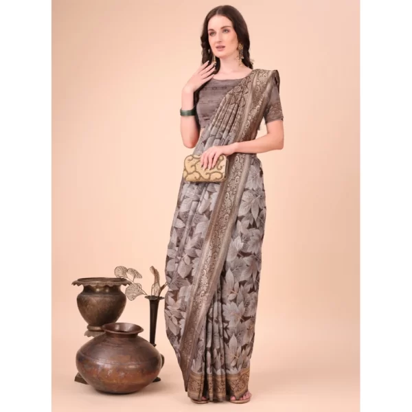 Women's Cotton Printed Saree With Unstitched Blouse 5.5Mtr (Brown)
