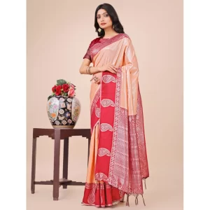 Women’s Lichi Silk Printed Saree With Unstitched Blouse 5.5Mtr (Peach)