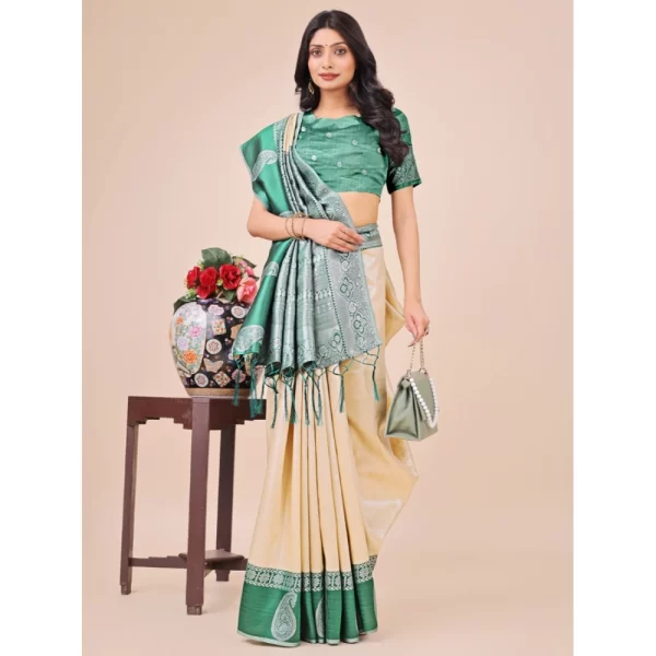 Women's Lichi Silk Printed Saree With Unstitched Blouse 5.5Mtr (Cream)