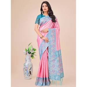 Women’s Lichi Silk Printed Saree With Unstitched Blouse 5.5Mtr (Pink)