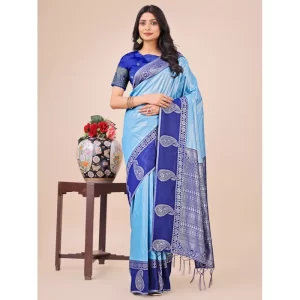 Women’s Lichi Silk Printed Saree With Unstitched Blouse 5.5Mtr (Sky Blue)
