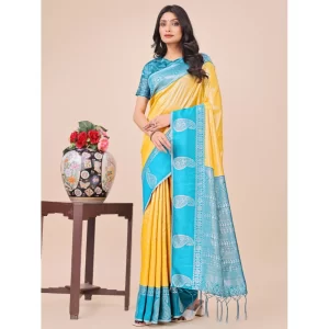 Women’s Lichi Silk Printed Saree With Unstitched Blouse 5.5Mtr (Yellow)