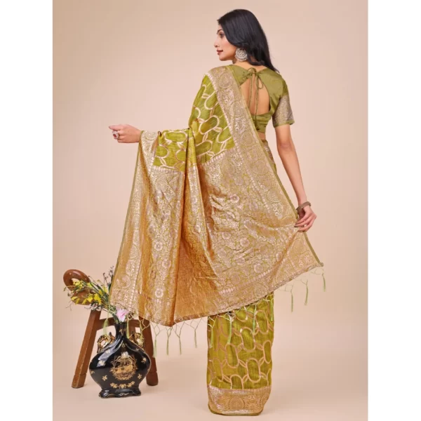 Women's Linen Cotton Printed Saree With Unstitched Blouse 5.5Mtr (Olive Green)