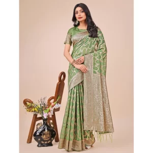 Women’s Linen Cotton Printed Saree With Unstitched Blouse 5.5Mtr (Green)