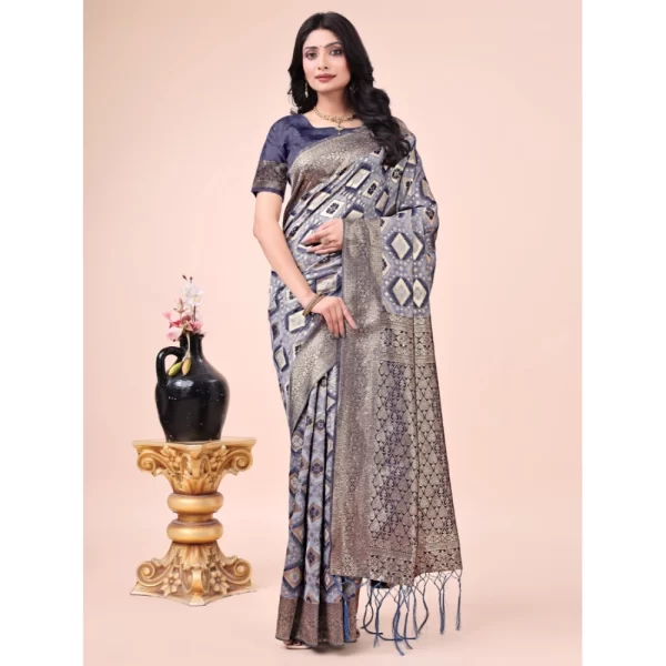Women's Cotton Printed Saree With Unstitched Blouse 5.5Mtr (Navy Blue)