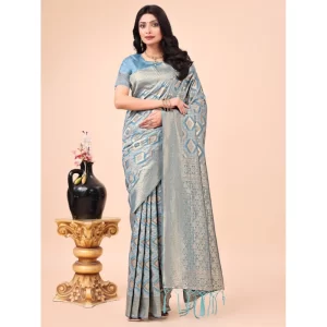 Women’s Cotton Printed Saree With Unstitched Blouse 5.5Mtr (Sky Blue)