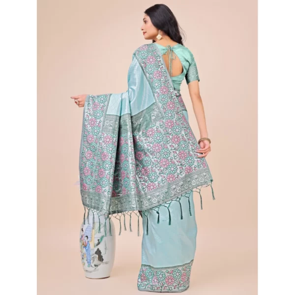 Women's Lichi Silk Printed Saree With Unstitched Blouse 5.5Mtr (Teal)