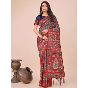 Women’s Cotton Printed Saree With Unstitched Blouse 5.5Mtr (Red)