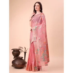 Women’s Linen Cotton Printed Saree With Unstitched Blouse 5.5Mtr (Pink)
