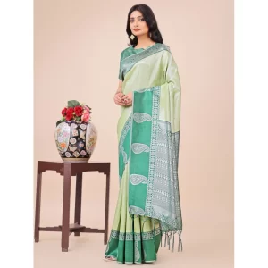 Women’s Lichi Silk Printed Saree With Unstitched Blouse 5.5Mtr (Light Green)