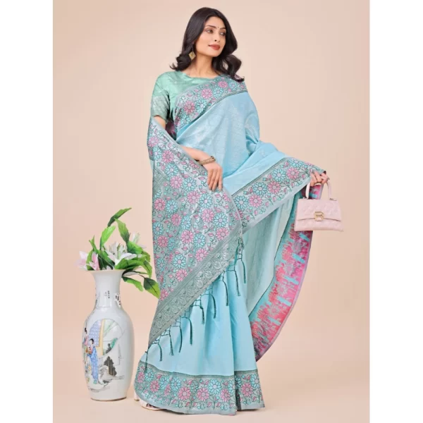 Women's Lichi Silk Printed Saree With Unstitched Blouse 5.5Mtr (Teal)