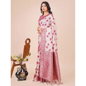 Women’s Linen Cotton Printed Saree With Unstitched Blouse 5.5Mtr (Magenta)