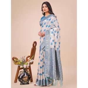 Women’s Linen Cotton Printed Saree With Unstitched Blouse 5.5Mtr (Sky Blue)