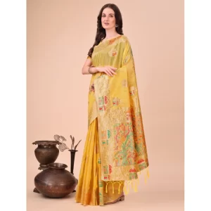 Women’s Linen Cotton Printed Saree With Unstitched Blouse 5.5Mtr (Yellow)