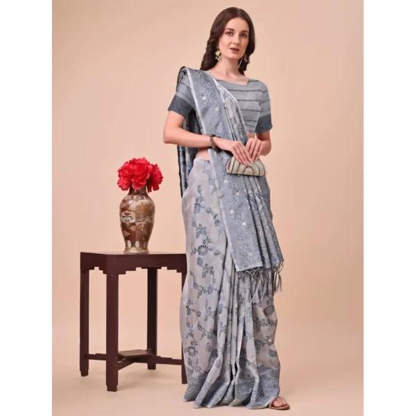 Women's Cotton Printed Saree With Unstitched Blouse 5.5Mtr (Grey)