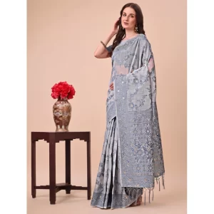 Women’s Cotton Printed Saree With Unstitched Blouse 5.5Mtr (Grey)