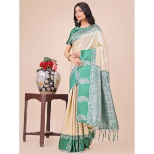 Women’s Lichi Silk Printed Saree With Unstitched Blouse 5.5Mtr (Cream)