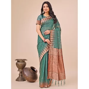 Women’s Linen Cotton Printed Saree With Unstitched Blouse 5.5Mtr (Green)