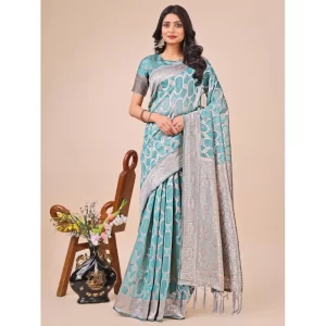 Women’s Linen Cotton Printed Saree With Unstitched Blouse 5.5Mtr (Teal)