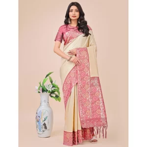 Women’s Lichi Silk Printed Saree With Unstitched Blouse 5.5Mtr (Cream)