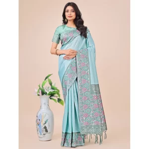 Women’s Lichi Silk Printed Saree With Unstitched Blouse 5.5Mtr (Teal)