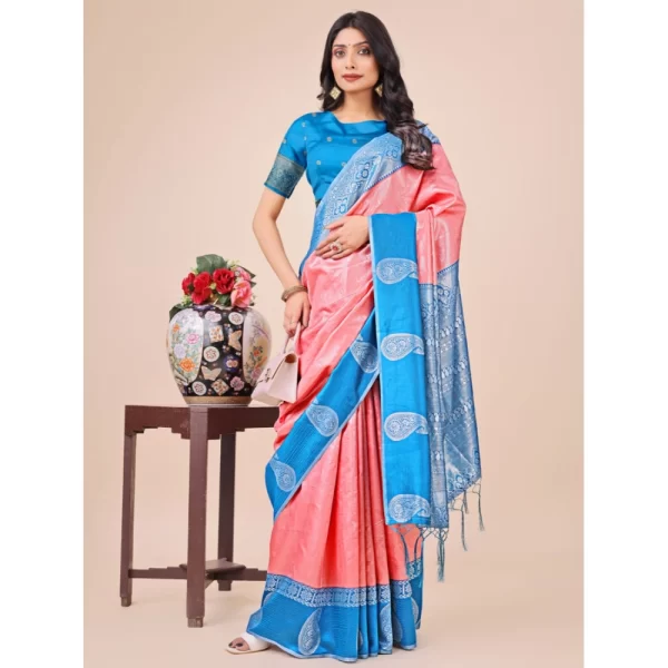 Women's Lichi Silk Printed Saree With Unstitched Blouse 5.5Mtr (Peach)