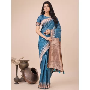 Women’s Linen Cotton Printed Saree With Unstitched Blouse 5.5Mtr (Blue)