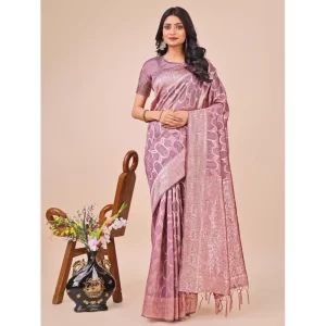 Women’s Linen Cotton Printed Saree With Unstitched Blouse 5.5Mtr (Purple)