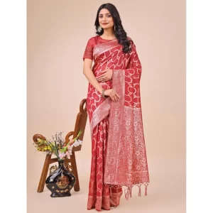 Women’s Linen Cotton Printed Saree With Unstitched Blouse 5.5Mtr (Red)