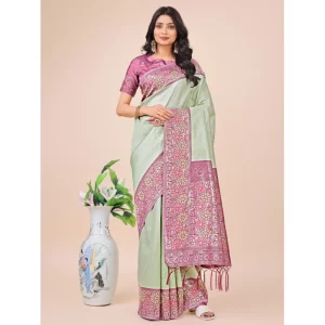 Women’s Lichi Silk Printed Saree With Unstitched Blouse 5.5Mtr (Olive Green)