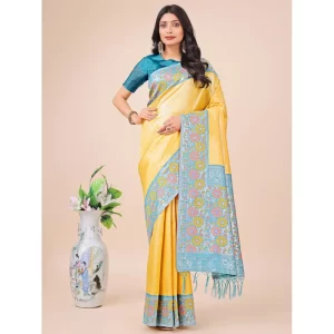 Women’s Lichi Silk Printed Saree With Unstitched Blouse 5.5Mtr (Yellow)