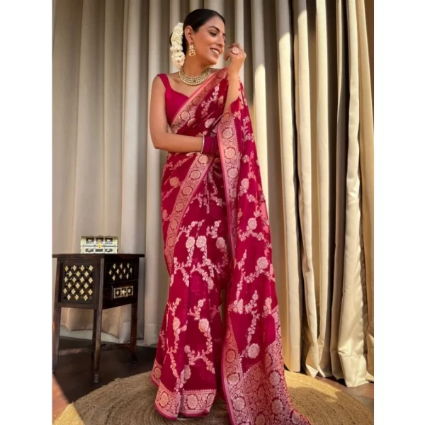 Women's Silk Printed Saree With Unstitched Blouse 5.5Mtr (Pink)