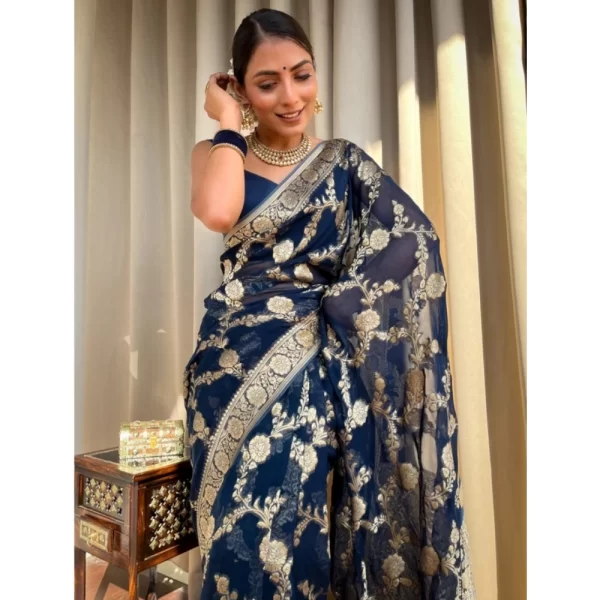 Women's Silk Printed Saree With Unstitched Blouse 5.5Mtr (Dark Blue)